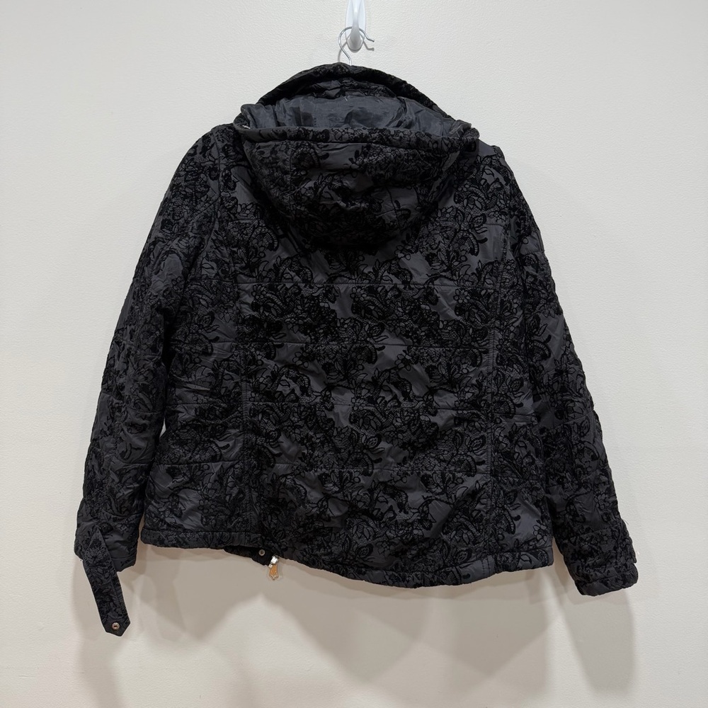 Nanette Lepore Black Lace Overlay Puffer Jacket | Hooded Zip Coat | Size Large - Picture 6 of 8